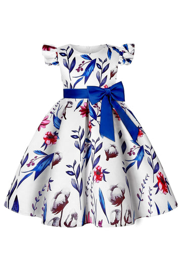Azul Puff Mangas Vestido de Meninas Com Laço